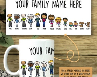 Mug portrait de famille personnalisé, cadeau noms de famille, impressions de famille, illustration d'animal de compagnie, fête des mères, cadeau d'anniversaire pour maman, tasse à café pour papa