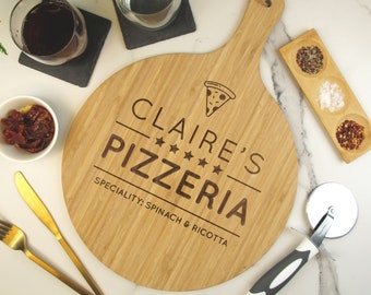 Pizza Paddle Board Personalised with 5 Star Pizzeria Design, Name & Speciality, Large Wooden 30cm 12" Serving Pizza Platter Pizza Lover Gift