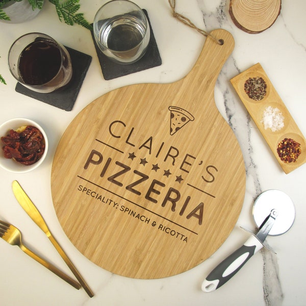 Pizza Paddle Board Personalised with 5 Star Pizzeria Design, Name & Speciality, Large Wooden 30cm 12" Serving Pizza Platter Pizza Lover Gift