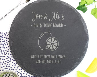 Personalised G & T Lemon / Lime Cutting Chopping Board, Gin and Tonic Gift.  Engraved Slate.  When life gives you lemons add G and T