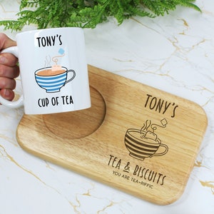 Personalised Tea & Biscuits Board with Tea Mug Option, Wood Treat or Cake Board, Birthday Gifts for Him, Dad, Friend, Tea Lover