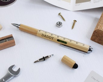 DADDY 6 in 1 Wooden Multifunction Pen with Spirit Level Ruler Screwdriver & Stylus Gift Personalised Daddy, Dad, Grandad Father's Day Gift