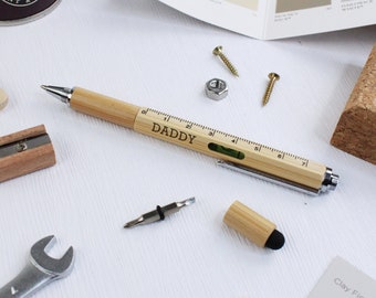 DADDY Stylo multifonction en bois 6 en 1 avec niveau à bulle Tournevis et stylet Cadeau personnalisé papa, papa, grand-père pour la fête des pères