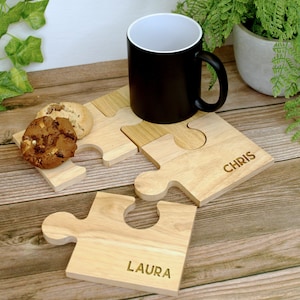 Set of 4 Personalised Wooden Jigsaw Coasters, Wood Puzzle Coasters, House Warming Gifts, Gifts for Family of 4, Engraved Wooden Coasters