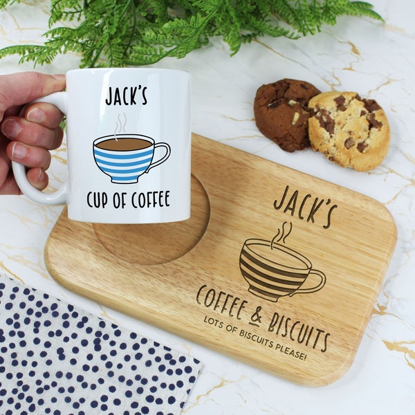 Personalised Coffee & Biscuits Board with Cup of Coffee Mug Option, Wood Treat Board, Birthday Gifts for Him, Dad, Friend, Coffee Lover Gift