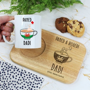 Personalised Dadi Welsh Daddy Tea & Biscuits Board with Coffee Mug Option, Paned A Bisgedi Wood Treat Board, Father's Day, Birthday Gifts