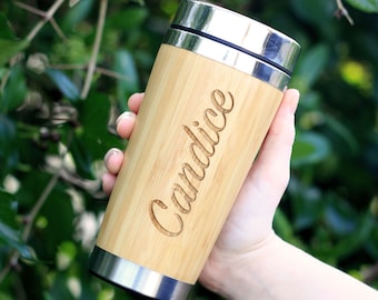 Personalised Take Away Bamboo Travel Cup, 500ml Insulated Reusable Eco Drinks Mug, Engraved Car Travel Coffee, Tea Cup, New Job Gift