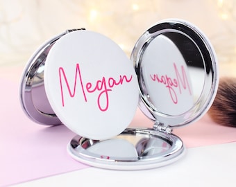 Personalised Compact Mirror, Hen Party Favors, Round White Leather Pocket Mirror with Pink Vinyl, Bridesmaid, Wedding, Birthday Gift