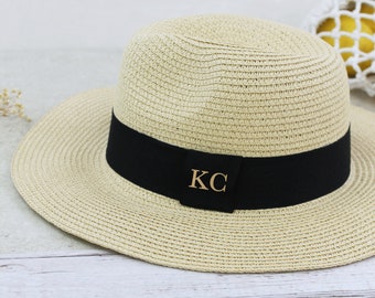 Chapeau de plage personnalisé avec initiales, monogramme réglable, chapeau de paille, chapeau de lune de miel, fête de poule, pour mariée, demoiselles d'honneur, vacances, chapeau Fedora pour elle