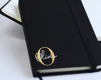 Soft Touch Hardback Personalised A6 A5 A4 Monogram Notebook, Black Lined Initial & Name Notepad Gold / Silver Vinyl, Monogrammed Office Gift