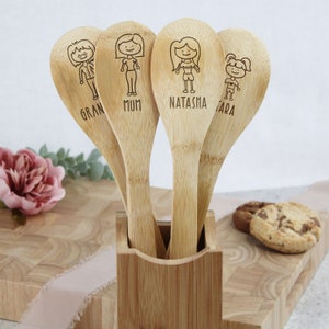 Family Engraved Wooden Spoon / Baking with The Family Bamboo Wooden Spoon, Personalised Baker Spoon for Everyone. Girls, Boys, Men & Women Pack of 4