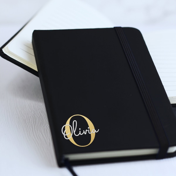 Soft Touch Hardback Personalised A6 A5 A4 Monogram Notebook, Black Lined Initial & Name Notepad Gold / Silver Vinyl, Monogrammed Office Gift
