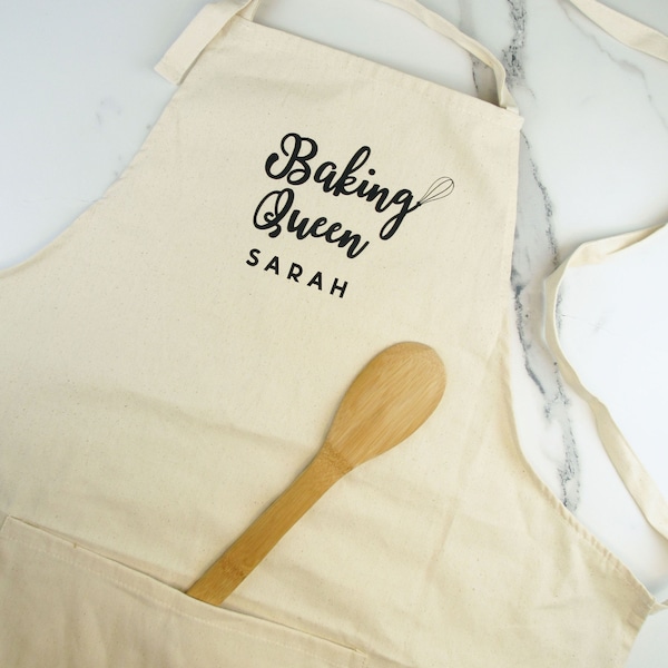 Tablier de reine de cuisson personnalisé, cadeau de pâtisserie, tablier en coton biologique naturel avec poche, cadeau de cuisine pour elle, lui fait sur mesure, votre nom