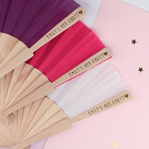 Personalised Hen Party Fan Wooden Hand Held, Bridal Party Favours for Hen Do Abroad, Summer Beach Themed, Destination Wedding - Bride&#39;s Name