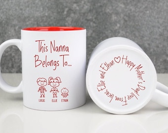 This GRANDMA, NANNA Belongs TO Mug, Personalised Mother's Day Gift, Present from Granddaughter, Grandson Cartoon Family