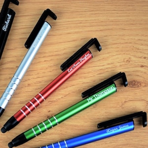 Personalised Metal Pen 4 in 1 Ballpoint, Touch Screen Stylus, Phone Holder & Screen Cleaner - Gift for Him / Her Any Name Engraved