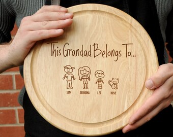 This GRANDAD Belongs To Wooden Cutting Board, Fathers Day Gift Personalised Family Portrait, Children, Boy, Girl, Twins, Baby, Dog & Cat