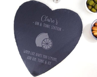 Custom G&T Slate Heart Chopping Cheese Board, Gin Tonic Station, Bebidas Gin Lovers Gift When Life Gives Lemons + Gin Tonic