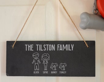 Personalised Custom Family Portrait, Easter Gift, Hand Drawn Family and Pet Illustration, Slate Hanging Decoration, Door Sign