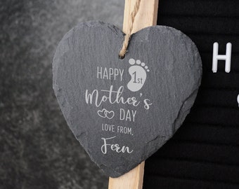 Personalised Slate Heart Hanging Decoration, First Mothers Day Gift, Happy 1st Mothers Day, Door, Home, Living Room, Bedroom Decorations