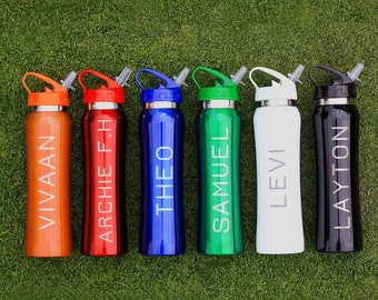 Botella de agua infantil personalizada con pajita, 800 ml, de acero inoxidable, ideal para la vuelta al cole, con asa para niñas y niños.