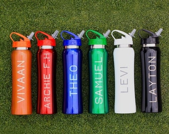 Personalised Children's Water Bottle with Flip Straw, 800ml Stainless Steel Back to School Sports Drinks Flask Carry Handle for Girls Boys