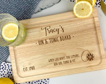 G & T Serving Board, Gin and Tonic Plate,  Lemon Cutting Board, Gin Lovers Wooden Gift, Personalised Any Name, Gin and Tonic, Gin Lover Gift