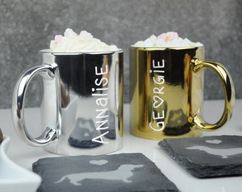 Zilveren of goud metallic gecoate gepersonaliseerde mok - aangepaste thee / koffie cup, vriendschap - liefde hart lettertype ontwerp, kerstcadeau voor haar
