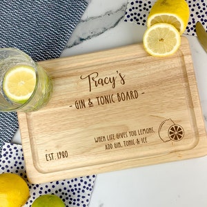 G & T Serving Board, Gin and Tonic Plate, Lemon Cutting Board, Gin Lovers Wooden Gift, Personalised Any Name, Gin and Tonic, Gin Lover Gift image 1