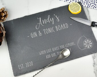 Personalised G & T Lemon / Lime Cutting Chopping Board, Gin and Tonic Gift.  Engraved Slate.  When life gives you lemons add G and T