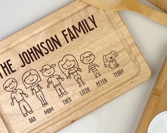 Cheese / Chopping Board, Personalised Wooden Cartoon Stick Family, Dad, Mum, Children, Boy, Girl, Twins, Baby, Dog & Cat, Mother's Day Gift