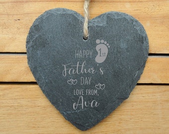 Personalised Slate Heart Hanging Decoration, First Father's Day Gift, Happy 1st Fathers Day, Door, Home, Living Room, Bedroom Decorations