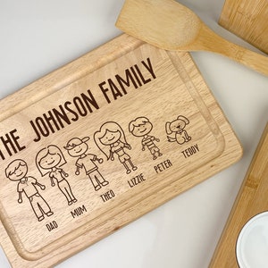 Cheese / Chopping Board, Personalised Wooden Cartoon Stick Family, Dad, Mum, Children, Boy, Girl, Twins, Baby, Dog & Cat, Mother's Day Gift
