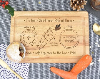 Personalised Christmas Eve Plate, Father Christmas Refuel Here Board, Mince Pie for Santa, Carrot and Milk for Rudolph, Wooden Treat Tray