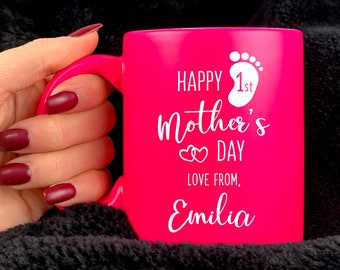 Happy First Mother's Day Mug, 1st Mother's Day Gift, Personalised With Your Name, Engraved Pink / Green Neon Coffee Cup, Baby Foot