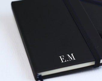 Initial Notebook with Lined White Paper Pages, Black Personalised A6 Note Book. Desk, Office Stationary with Gold or Silver Custom Initials.