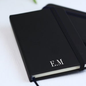 Initial Notebook with Lined White Paper Pages, Black Personalised A6 A5 A4 Note Book. Desk, Office Stationary with Custom Initials.