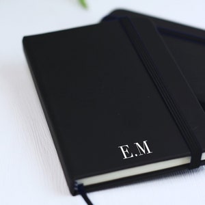 Initial Notebook with Lined White Paper Pages, Black Personalised A6 Note Book. Desk, Office Stationary with Gold or Silver Custom Initials.