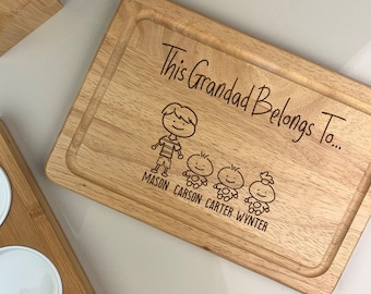 This GRANDAD Belongs To Wooden Cutting Board, Fathers Day Gift Personalised Family Portrait, Children, Boy, Girl, Twins, Baby, Dog & Cat