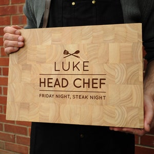 Personalised &#39;Head Chef&#39; Chopping Board Large Wooden End Grain Butchers Block, Cooking Gift, Unique Birthday Gifts for Him Boyfriend Dad