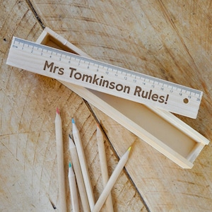 Personalised Teacher Pupil Gift, Wooden Pencil Case with Pencils, Laser Engraved 20cm Ruler, Any Name, End of School Term, End of Year Gifts