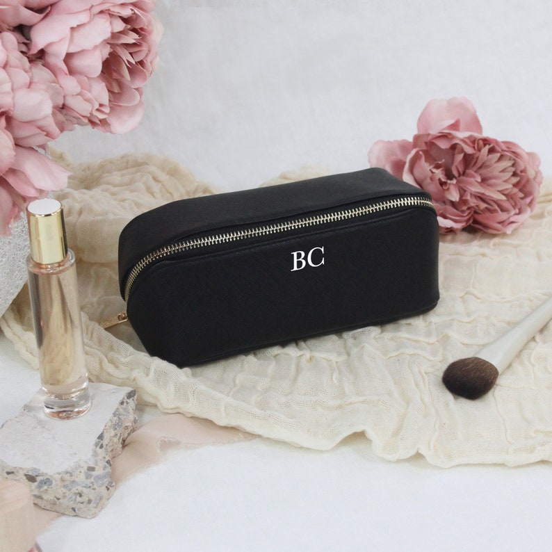 Luxury Personalised Make Up Bag, PU Leather Flat Lay Bag, Small/Large Accessory Case with Initials, Bridesmaid Gift, Cosmetic Travel Case Small Black Bag Only