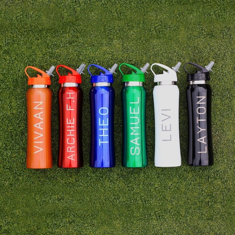 Personalised Children's Water Bottle with Flip Straw, Engraved 800ml Stainless Steel School Sports Drinks Flask Carry Handle for Girls Boys 