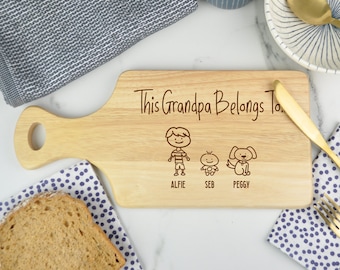 This GRANDAD Belongs To Wooden Cutting Board, Fathers Day Gift Personalised Family Portrait, Children, Boy, Girl, Twins, Baby, Dog & Cat