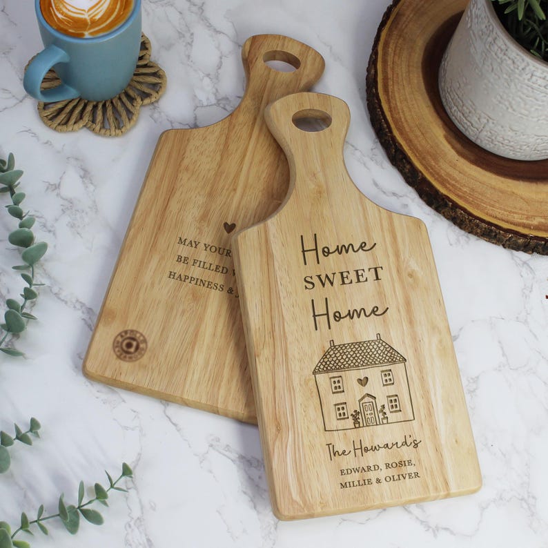 Personalised Home Paddle Chopping Board, Wooden Family Name Board, Moving House, New Home Gift, Housewarming Gifts, Home Sweet Home Cutting Board