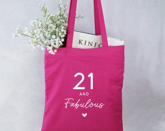 Bright Pink Tote Bag, 21 & Fabulous Milestone Birthday Cotton Shoulder Bag, 21st Birthday Gift Bag for Her 21st Celebration Present Gift Bag