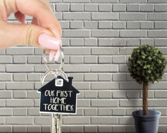 House Shaped Key Ring, New Home, Our First Home Together Metal Keychain  - 1st House together keyring.  Couples New Home warming gift.