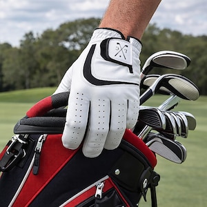 K&ouml;nnte beinhalten: Wei&szlig;er Golfhandschuh mit schwarzen Akzenten und perforiertem Design. Der Handschuh wird &uuml;ber einer roten und schwarzen Golftasche mit Golfschl&auml;gern gehalten. Der Handschuh hat ein kleines schwarzes Patch mit den Initialen "LC" und einem gekreuzten Golfschl&auml;ger-Design.