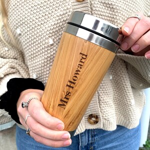Personalised Teacher Travel Mug, Hot Cold Eco Bamboo 500ml Insulated Coffee Cup Mug, Christmas Gift, Thank You Teacher Appreciation Gifts