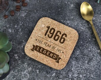 Square Cork Coaster Engraved with 1966 Year of The Legend, 60th Birthday Gifts for Men Him, Grandad Drinks Coaster, Dads Beer Coaster